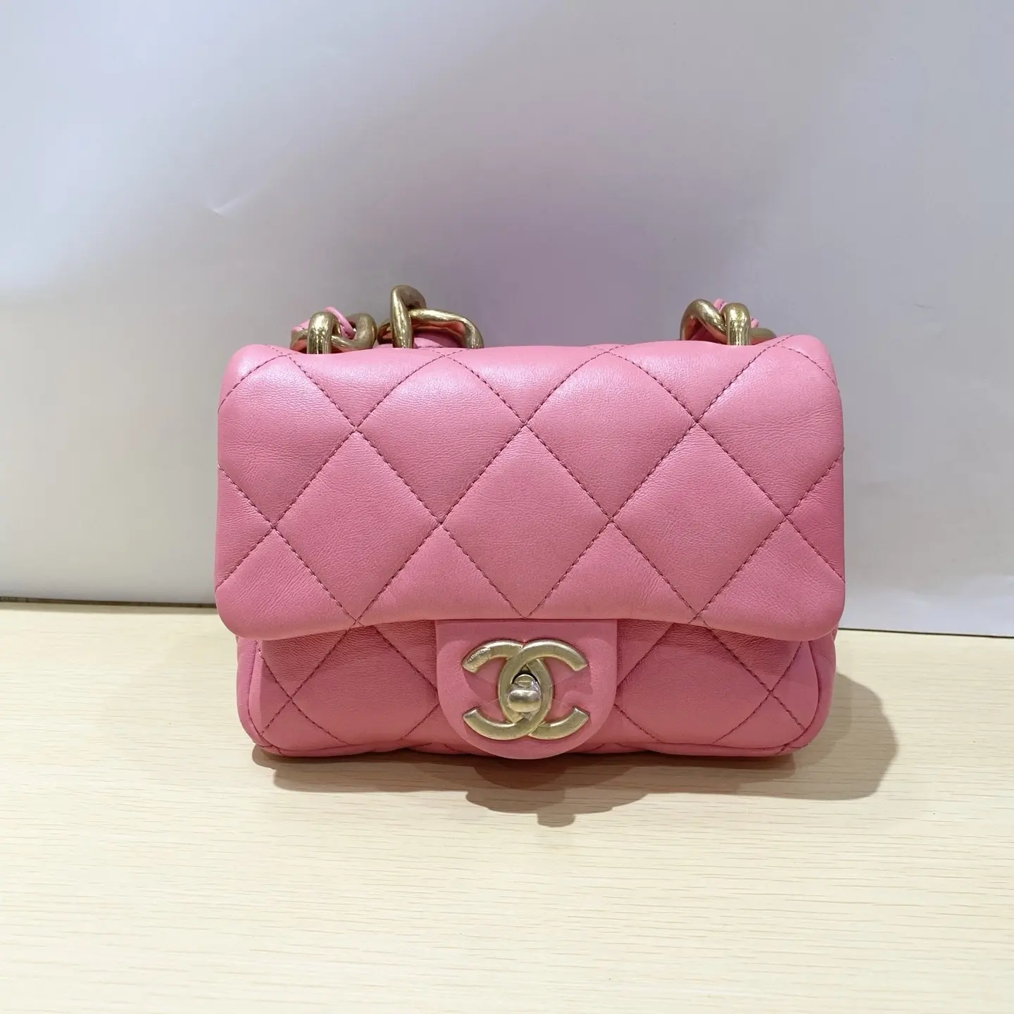 Pre-owned CHANEL 22S Mini Square Classic Flap Hobo Underarm Bag, Lipstick Pink with Chunky Gold Hardware 2504047