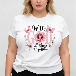 "with God All Things Are Possible" Women's T-Shirt - Inspirational Quote with Floral & Butterfly Design, Casual Short Sleeve, Round Neck, Cotton, Machine Washable, Casual Wear | Round Neck Top