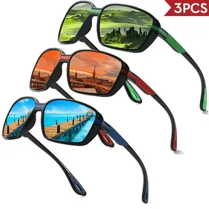Unisex 3-Piece Square Polarized Sunglasses, Lightweight Durable Frame, UV Protection, Glare Reduction, for Cycling, Driving - Bike Shades