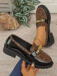 Vintage British Style Bow Loafers, PU Leather Loafers, Thick Sole Flatform Anti-Slip Slip-On Mary Jane Casual Shoes, Leopard Print Women's Single Shoe