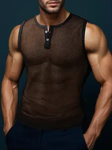 Fashion Men's Breathable Elastic Large Hole Waffle Patchwork Round Neck Buttonless Sleeveless Semi-Transparent Sports Tank Top Sports Vests Sports Singlet