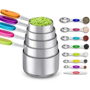 13-Piece Measuring Cups and Magnetic Spoons Set, 5 Stainless Steel Measuring Cups, 7 Double-Sided Magnetic Measuring Spoons & 1 Leveler for Cooking and Bak