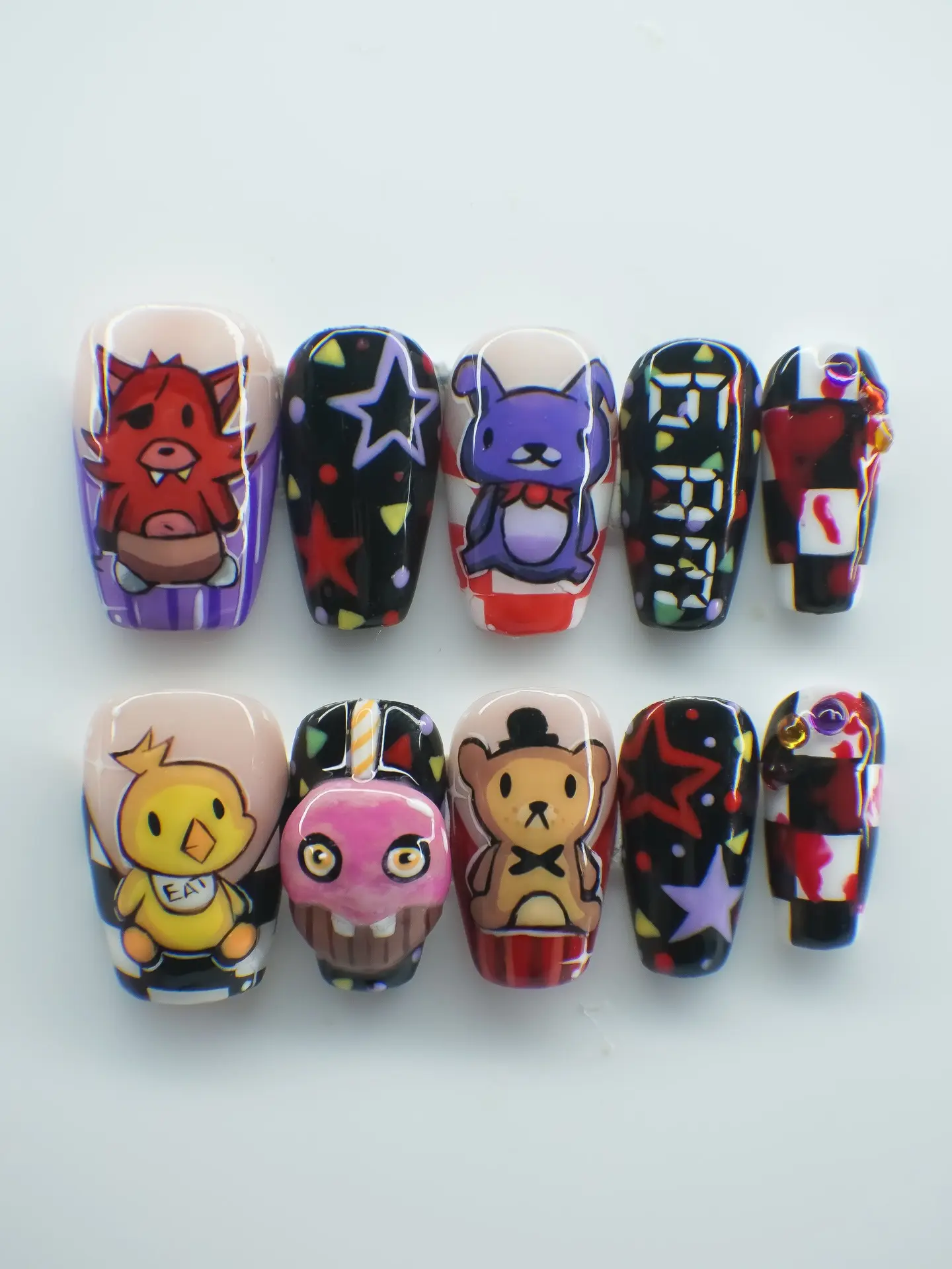 FNAF Press On Nails | Freddy Fazbear Bonnie Chica Foxy Nail Set | Chibi Horror Game Short Square Handmade Reusable Fake Nails with Gift Set (Adhesive Tabs, Nail File, Cuticle Stick)