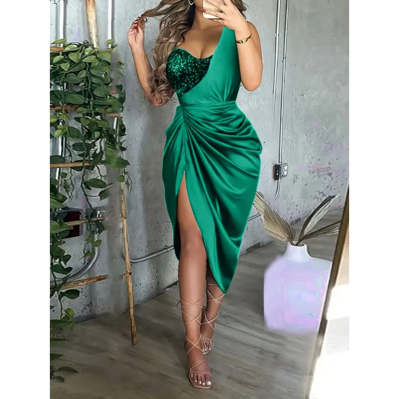 ChromaChic LEE Sexy Red Sequin One-Shoulder Bodycon Evening Dress with High Slit & Side Slit - Elegant Party & Banquet Gown for Women