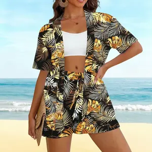 Two Piece Cover Up Set |     Black with Yellow Tropical Leaf Print Short Sleeve Shirt and Shorts Set