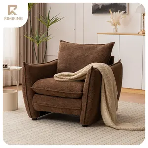 RIMIKING, Textured Fabric Lounge Chair, Wide Cushioned Seat with Backrest, Built-In Side Pocket, Single Sofa for Bedroom or Living Room Use,W377