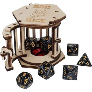 DND Dice Jail Prison with Polyhedral Dice Set Wood Cage for Your Bad Dice (Dice Jail A)