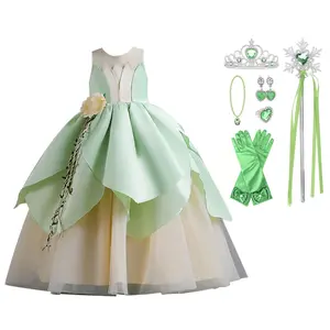 Princess Cosplay Frog Dress Costume Girls Fairy Ball Gown Headband Oversleeves Set Halloween Party 4-13Y with Accessories