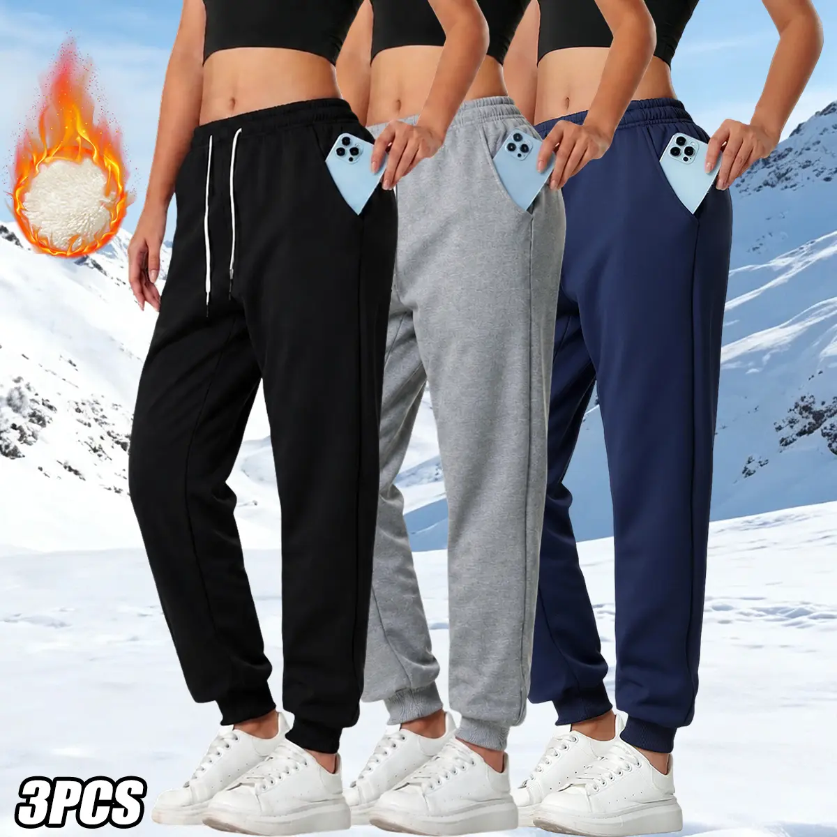 Women’s 3-Pack Thick Fleece Cuffed Joggers, Autumn/Winter Skin-Friendly Casual Loose Pants, Elastic Adjustable Drawstring Waistband, Machine Wash, Versatile Long Everyday Wear Bottoms, Elastic Waist Pants