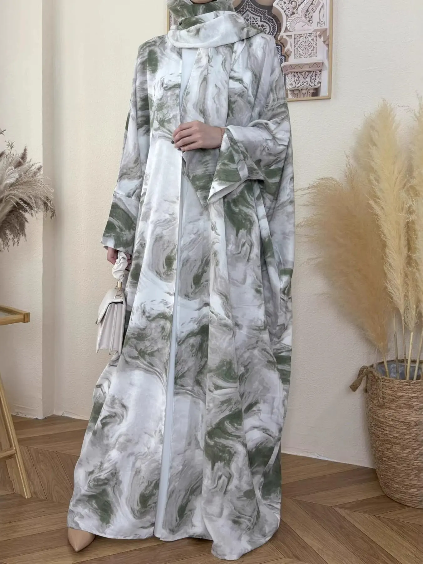 Women's Marble Print Long Abaya, Islamic Abaya Dress, Loose Fit Islamic Fashion Cardigan, Casual Front Open Coat, Muslim Clothing, No Headscarf Included