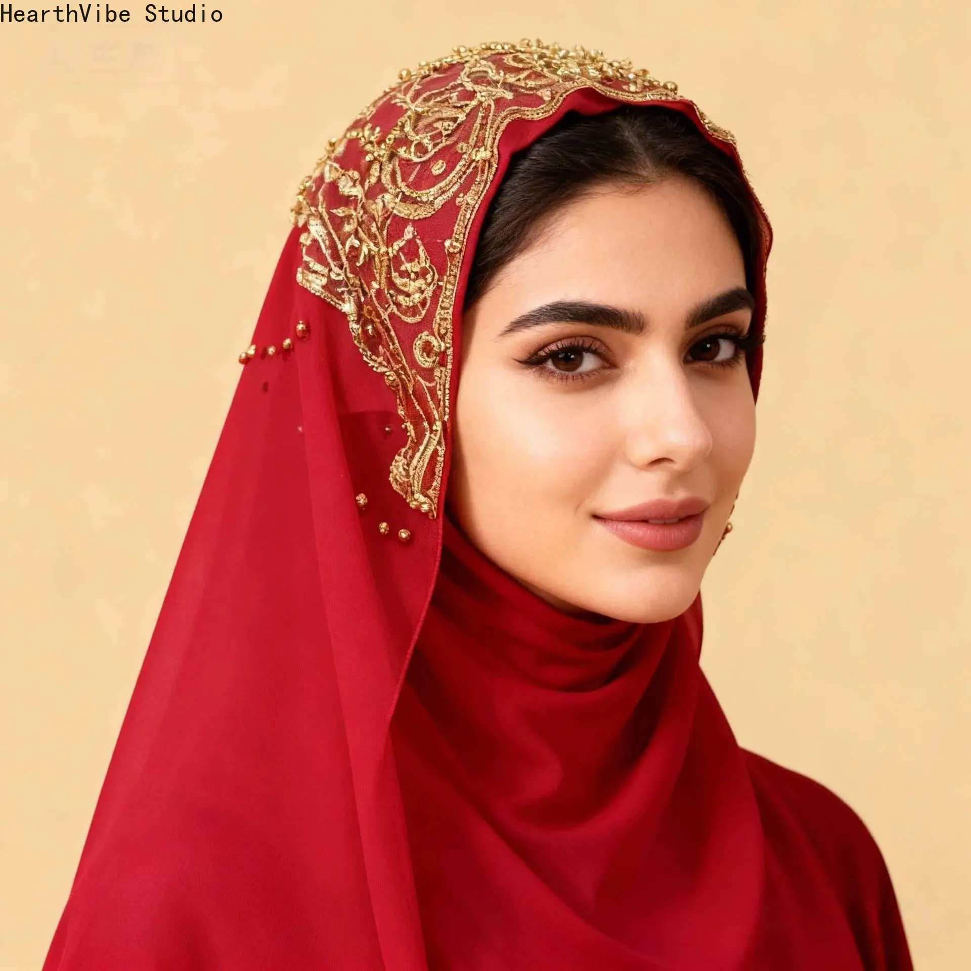 Elegant Red Hijab for Women, Premium Plisse Chiffon Shawl with Gold Floral Embroidery for Wedding & Eid