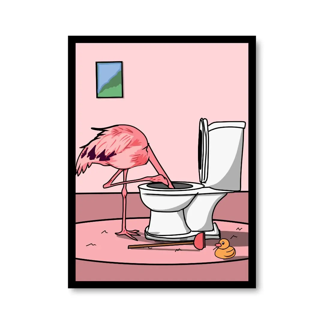 Funny Pink Flamingo in Toilet Wall Art Quirky Animal Bathroom Picture Decor Cute Pink Tropical Graphic Display for Restroom Washroom Housewarming Gift