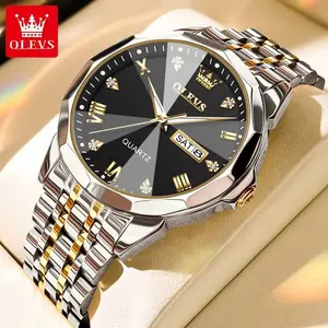 OLEVS Mens Stainless Steel Watch Classic Quartz Watches For Men Gold Silver Watch Large Blue Face Men's Wrist Watches Waterproof Male Watches With Luminous Roman Numerals Date Display Watches WEM