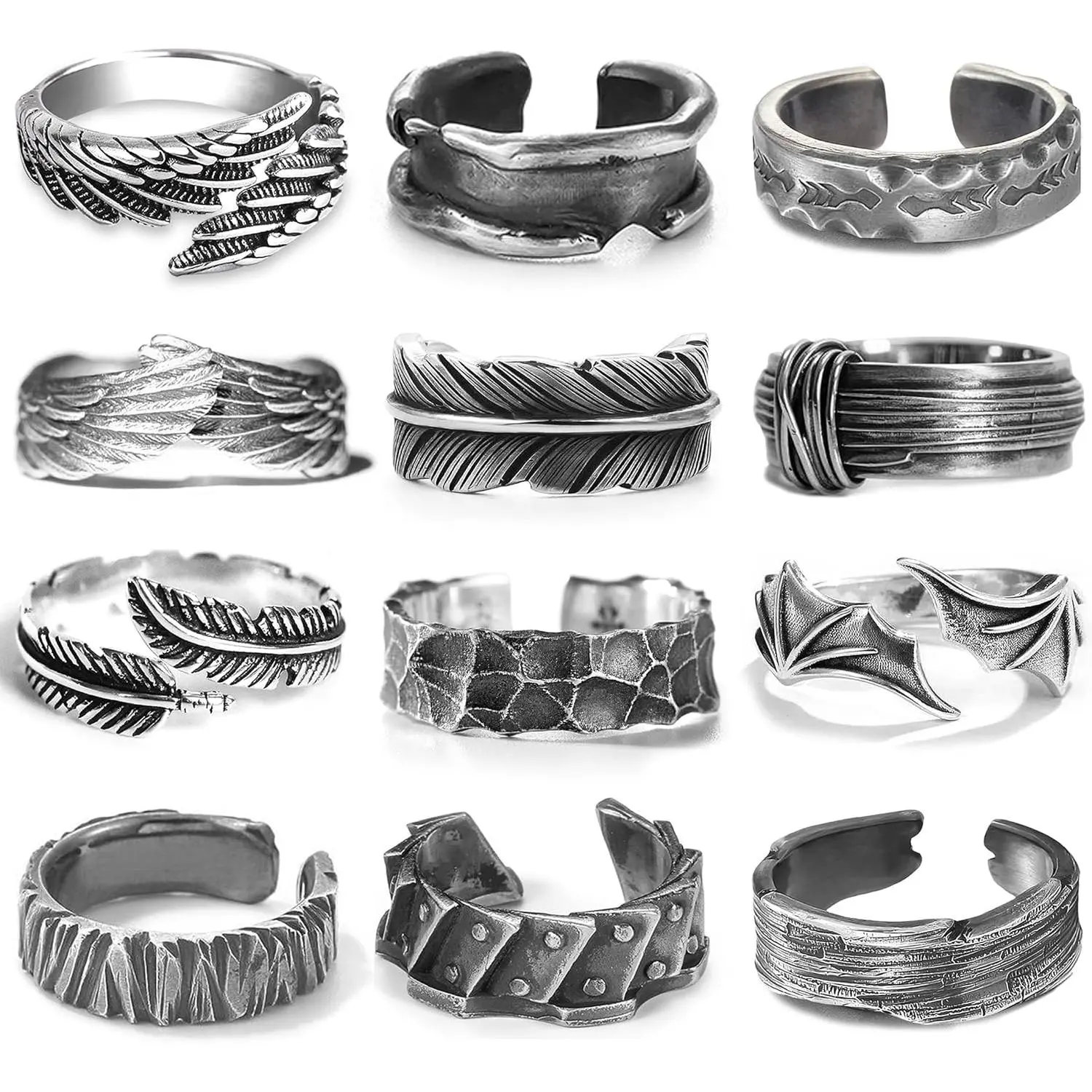 12Pcs Vintage Rings for Men Cool Adjustable Angel Wings Ring Goth Punk Open Ring Set