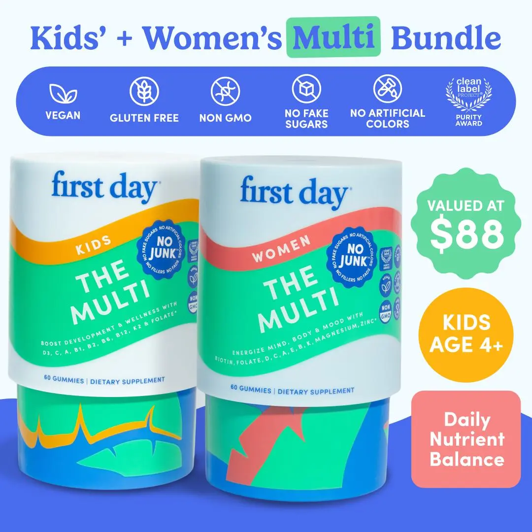 First Day Kids & Women's Multivitamin Gummy Supplement - Organic 21 Superfoods Blend, 9 Essential Vitamins, Supports Growth & Brain Health - Vegan, Non-GMO, Gluten-Free, No Junk - 30-Day Supply