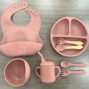 Baby Feeding Set, 1 Set Including Suction Cup Plate, Soft Bowl, Spoon, Fork, Adjustable Bib, Snack Cup, Portable Kids Tableware Set for Home Kitchen Dining Room