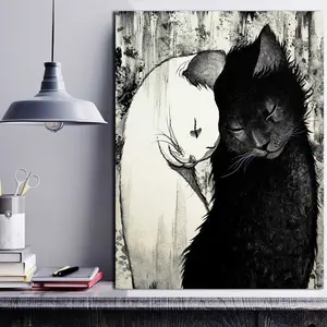 1pc Canvas Canvas, White Cat And Black Cat Painting, Canvas Wall Art, Artwork Wall Painting For Gift, Bedroom, Office, Living Room, Cafe, Bar, Wall Decor, Home And Dormitory Decoration-Wrapped Canvas
