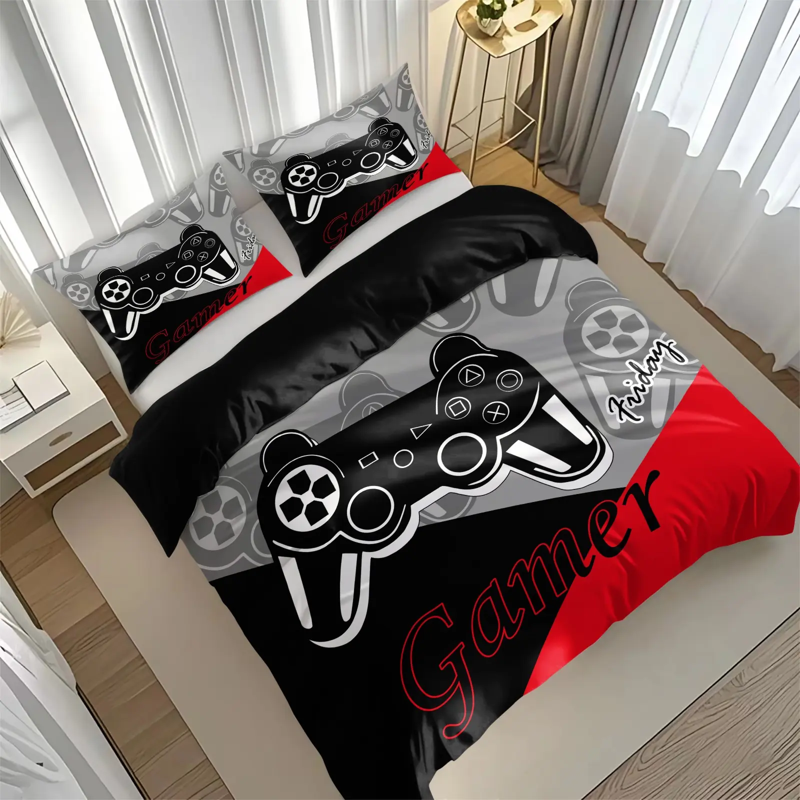 3-Piece Game Controller Print Soft Bedding Sets, Printed Bedding Set, Soft Breathable Fabric, All-Season Use, Includes 1 Fitted Sheet + 2 Pillowcases, Bedroom Bedding Set