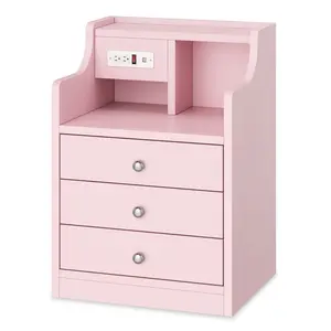 Sikaic Nightstand with 3 Drawers Charging Station Pink