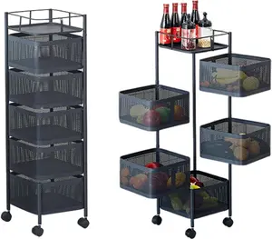 5 Tier Rotating Rolling Storage Cart with Top Lid & 360° Wheels, Metal Mesh Rolling Cart Organizer for Fruits Vegetables Groceries Potato Onion Corns, Kitchen Storage Cart No Assembly,