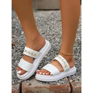 Women Quilted Chain Decor Flat Sandals, Fashion White Slide Sandals Footwear Girl