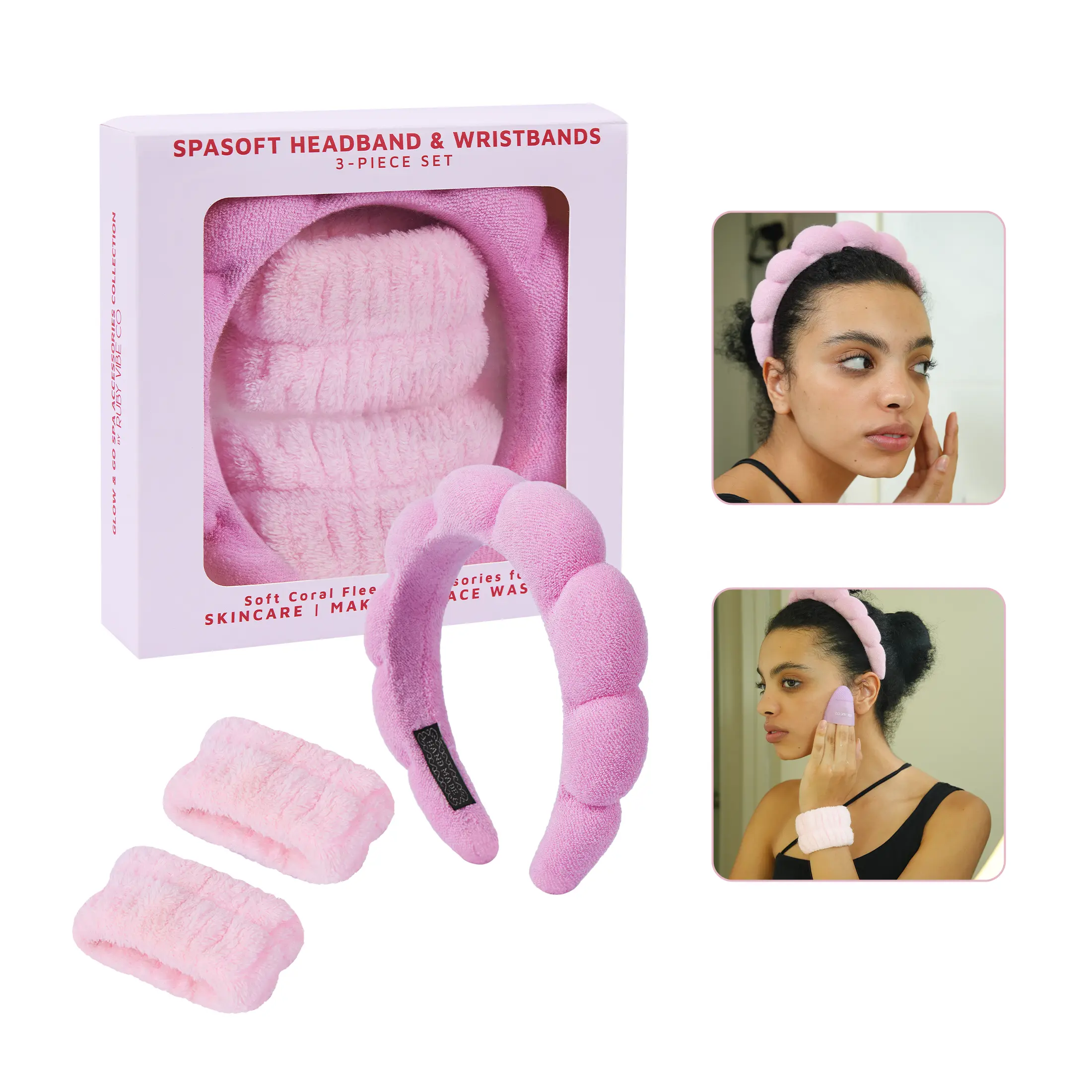 RUBY VIBE CO SpaSoft Headband and Wristband Set, Soft Coral Fleece Skincare Headband for Washing Face, Face Wash Headband and Wristband Set, Pink Gifts for Women and Girls