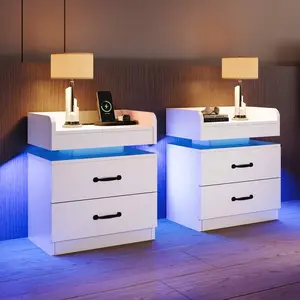 Black Or White Or Grey Modern Nightstand Set Of 2, With LED Lights, 2-Drawer Bedside End Side Tables, [Material] Construction, Bedroom Furniture