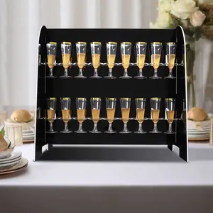 2-Tier Champagne Glass Holder Display Stand Table Top 25" in Glossy Black with 18 Hooks, Stylish Stemware Rack Cocktail Drink Holder for DIY Bars & Celebrations