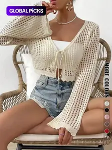 Women's Plain Hollow Out Tie Front Crop Cardigan, Casual Flounce Sleeve V Neck Cover-Up Knitwear for Spring, Summer & Fall, Women's Knit Clothing for Daily Wear
