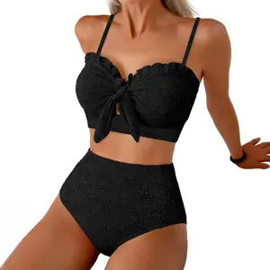 Aleumdr Women's Seashell Textured Bikini Sets Knotted Front 2 Piece Swimsuits Ruffle Trim Bathing Suits SpringStatements