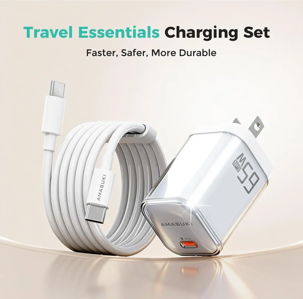 65W Fast Charger Set for Laptop & Phone, USB C Wall Charger Block with 6.6FT Dual C Cable, PD 3.0 Foldable Travel Plug Compatible with MacBook/iPhone 17-12/Samsung/Switch