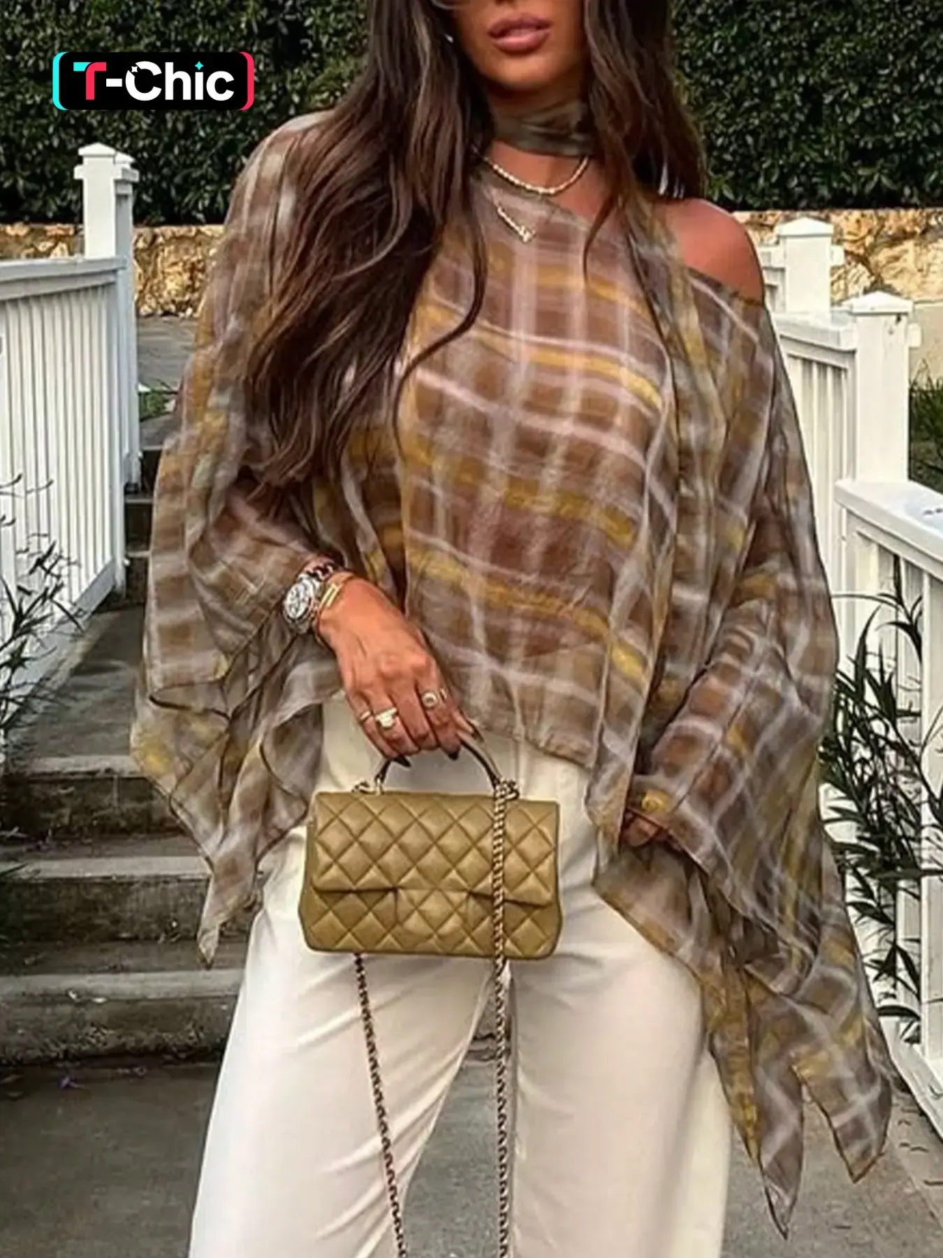Women Plaid Poncho Top Loose Flowy Cape Blouse Oversized Chiffon Boho Style Shirt Asymmetrical Lightweight Boho Bohemian Womenswear Vacation Beach Cover Up Casual Chic Elegant Summer Outfit Brown Yellow Casual Classy Fashion Boho Clothing