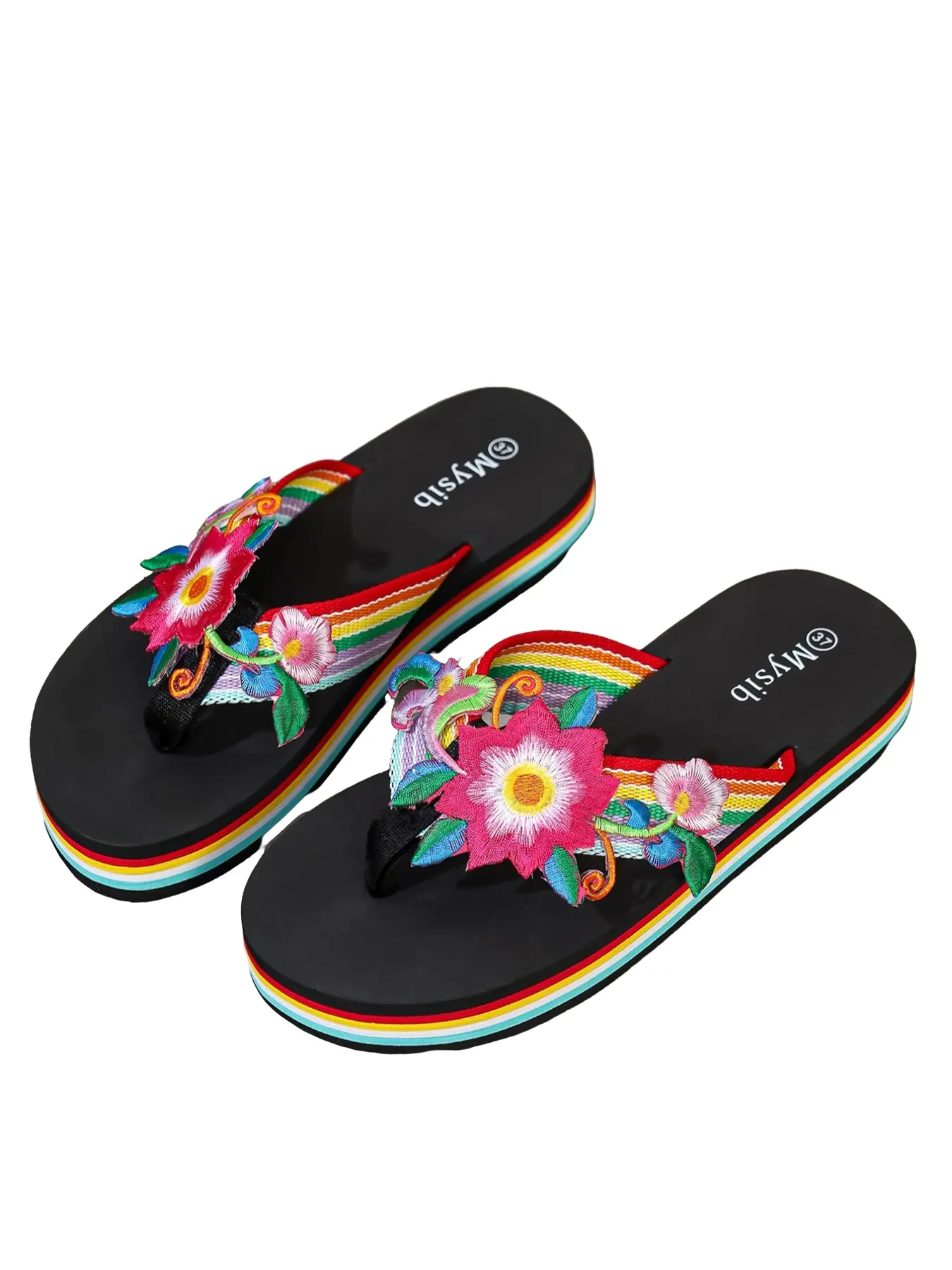 Rainbow Stripe Platform Flip Flops with 3D Flowers for Beach Vacation & Daily Outdoor Wear