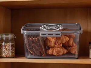 Airtight countertop bread storage container with lid and time tracking design. Suitable for homemade bread, toast, bagels, donuts and cookies, kitchen daily storage use, grey finish.