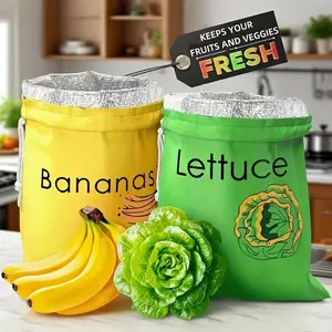 2-piece fresh-keeping bag, Reusable food organizer, three-layer aluminum foil drawstring design, for refrigerator/freezer, breathable washable vegetable and fruit fresh-keeping bag, delaying ripening and reducing food waste