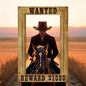 2D flat banner， Western style wanted poster photo frame - rural cowboy themed party decoration with a "bounty of $1000" design, no need for electricity, suitable for birthdays, themed events, andarties, and celebrations