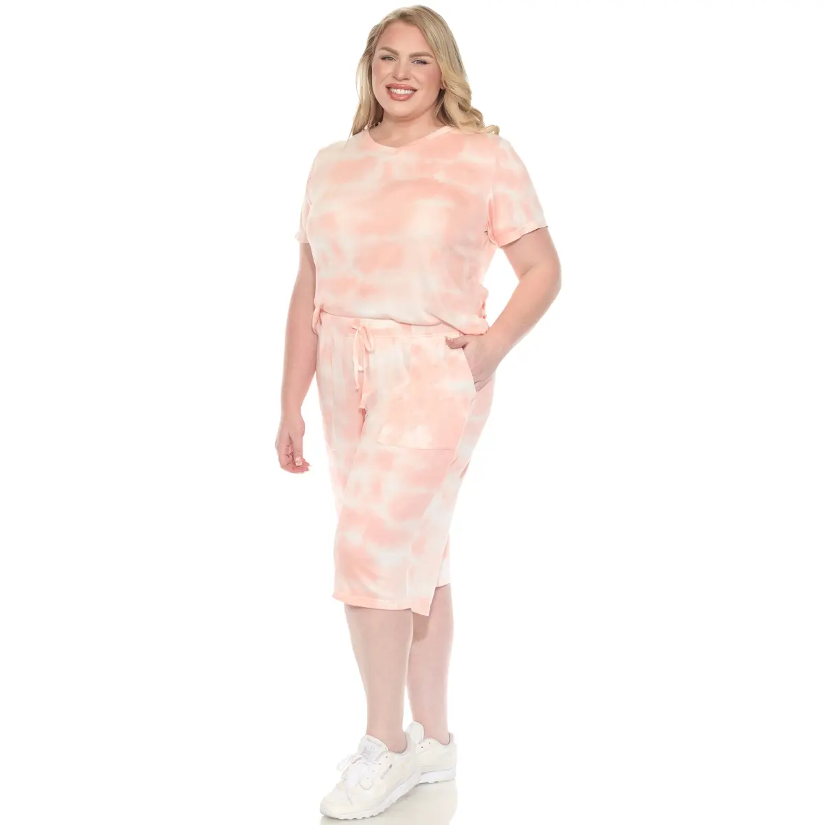 212 MAIN Women's Plus Size Soft Knit Short-Sleeve Tie Dye Pink Capri Pajama Set - Adjustable, Breathable, Elastic, Pockets, Top & Pants, Style-Focused Sleepwear (2X, PS3627-05-2X)