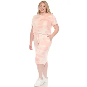 212 MAIN Women's Plus Size Soft Knit Short-Sleeve Tie Dye Pink Capri Pajama Set - Adjustable, Breathable, Elastic, Pockets, Top & Pants, Style-Focused Sleepwear (2X, PS3627-05-2X)