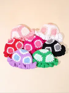 Vintage & Flower Patchwork Crochet Bucket Hat, Ruffled Edges, Ultra Soft Warm Yarn, Winter Cold Wind Resistance, Retro Streetwear Headwear