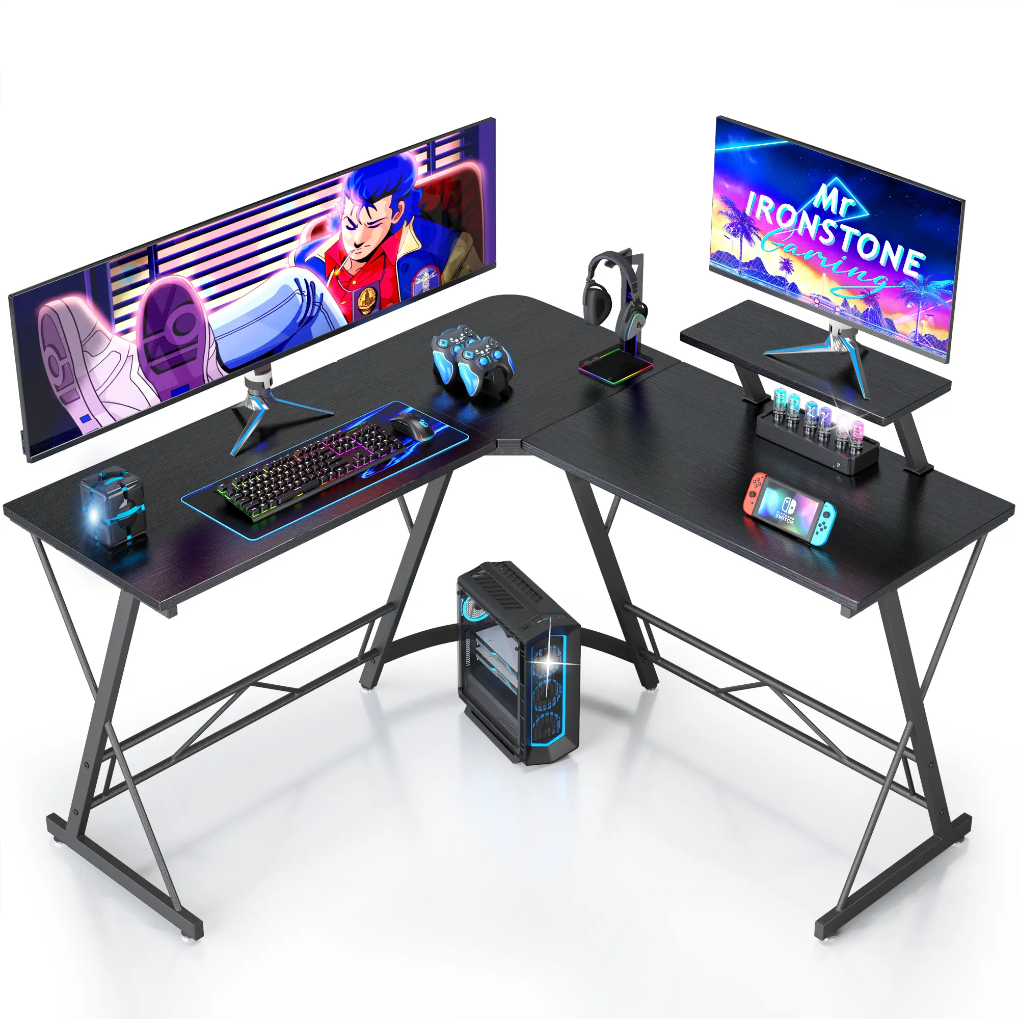 【Restock】Mr IRONSTONE L Shaped Gaming Desk Corner Computer Desk,L shaped desk, Home Office Desks Writing Workstation with Large Monitor Stand, Easy to Assemble (Black,51 Inch)