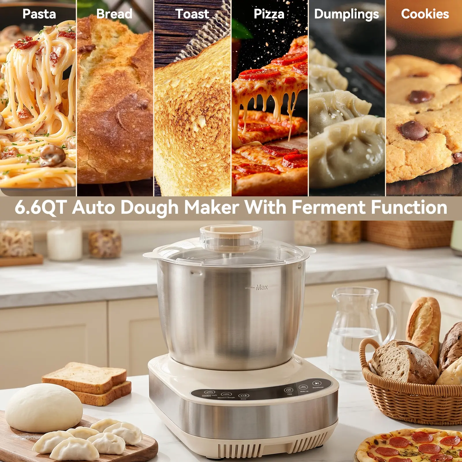 Hands-Free Dough Maker, Electric Dough Mixer with Ferment Function– Knead & Rise in One! 7.4qt for Bread, Pizza, Pastries