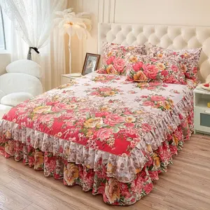 Floral Print Ruffled Bedskirt Set, 3 Piece Includes 1 Bedskirt and 2 Pillowcases, Comfortable Home Bedroom Decor Bedding, Decorative Bedding Set