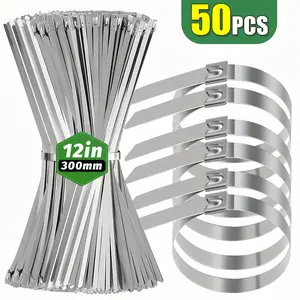 50-pcs,100-pcs Metal Zip Ties 12 inch 304 Stainless Steel Locking Cable 250LB 300mm Heavy Duty Exhaust Wrap Multi Purpose Binding for machinery, vehicles, farms, cables, pipes,Fence