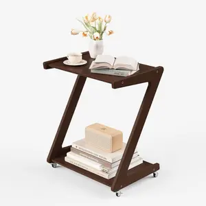 Solid   End Table with 2-Layer Storage Shelves, Small Rolling Side Table Beside Couch, Night Stand for Sofa, Coffee, Bedroom, Living Room (Z Shape, Walnut)