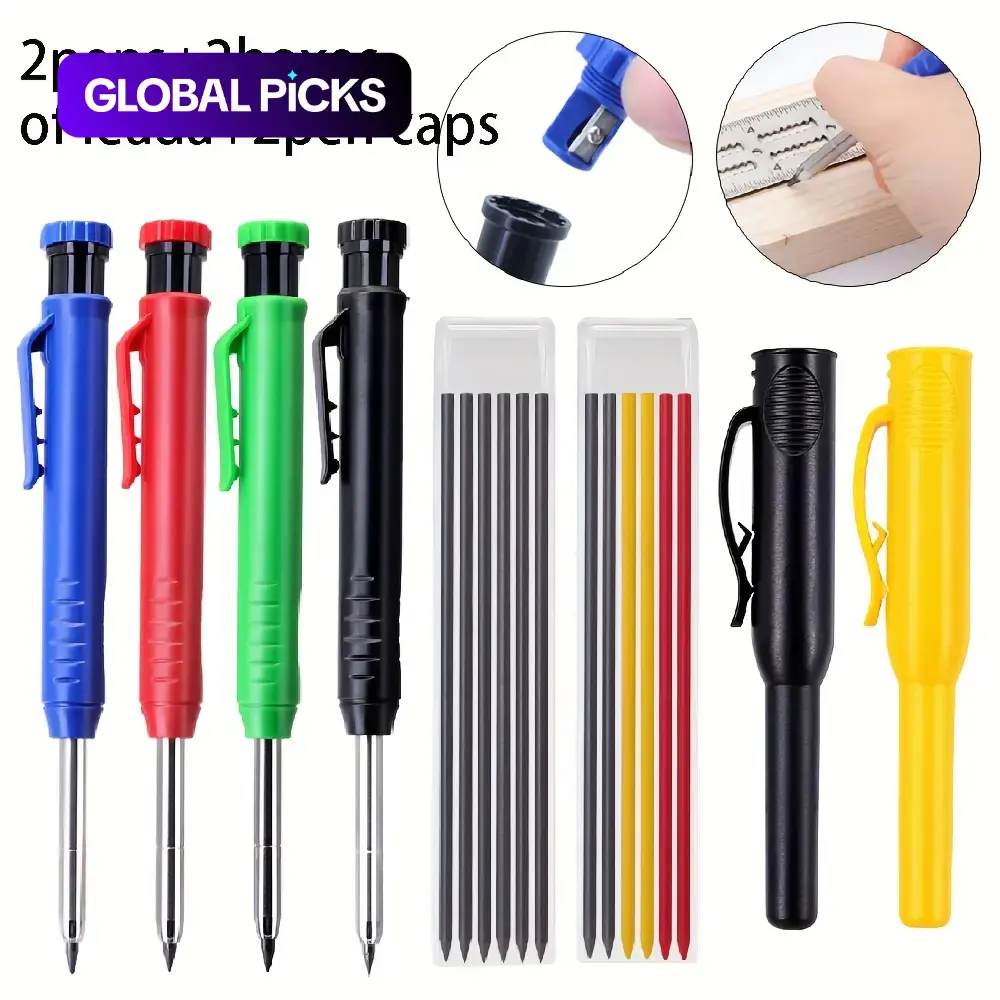 6pcs/set carpenter pencil set (with lead), with sheath, punching tool pen, Drawing Pencils, Mechanical Pencils, Construction Pencil, perfect for carpenters and carpenters to draw automatic pencils, father's birthday gift (2 pens+2 pencil leads+2 pen caps)