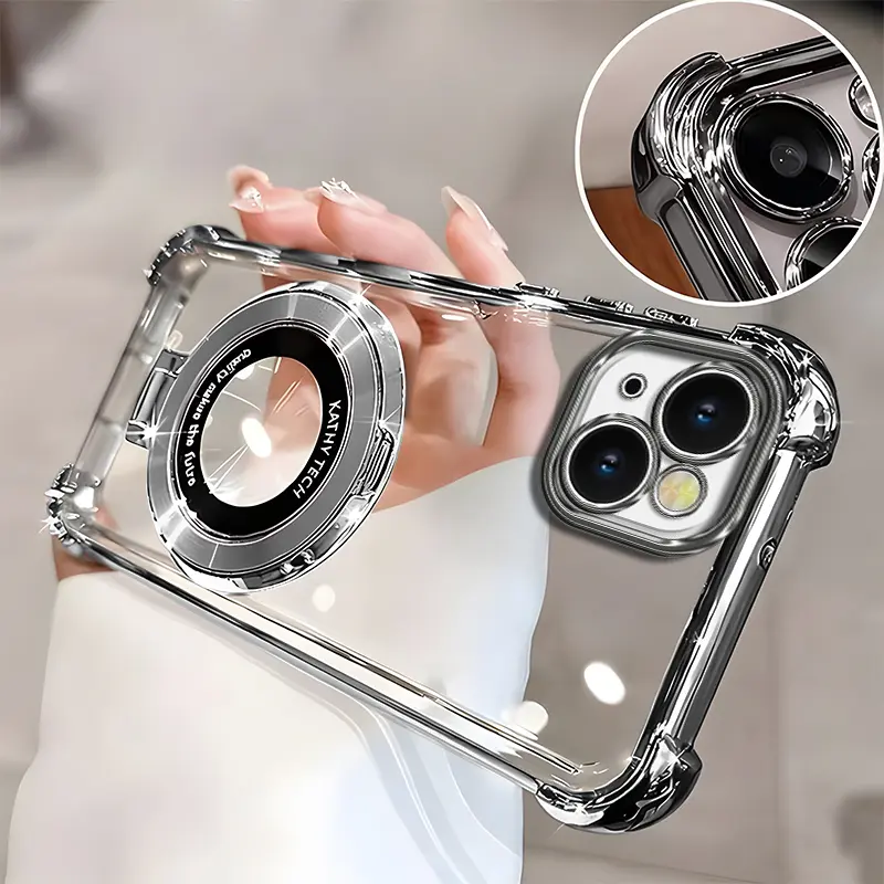 Suitable for [iPhone 13] high-end phone case🥰, Electroplated Luxury Clear Phone Case with Ring Stand Holder 4-Corner Shockproof Camera Protective Cover 952