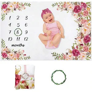 Baby Monthly Milestone Blanket Girl, Milestone Blanket for Baby Girl, Track Growth, Development and Age, Growth Tracker, Newborn Shower Gifts for Mom, Includes Floral Wreath, Photo Backdrop, 60" X 40"