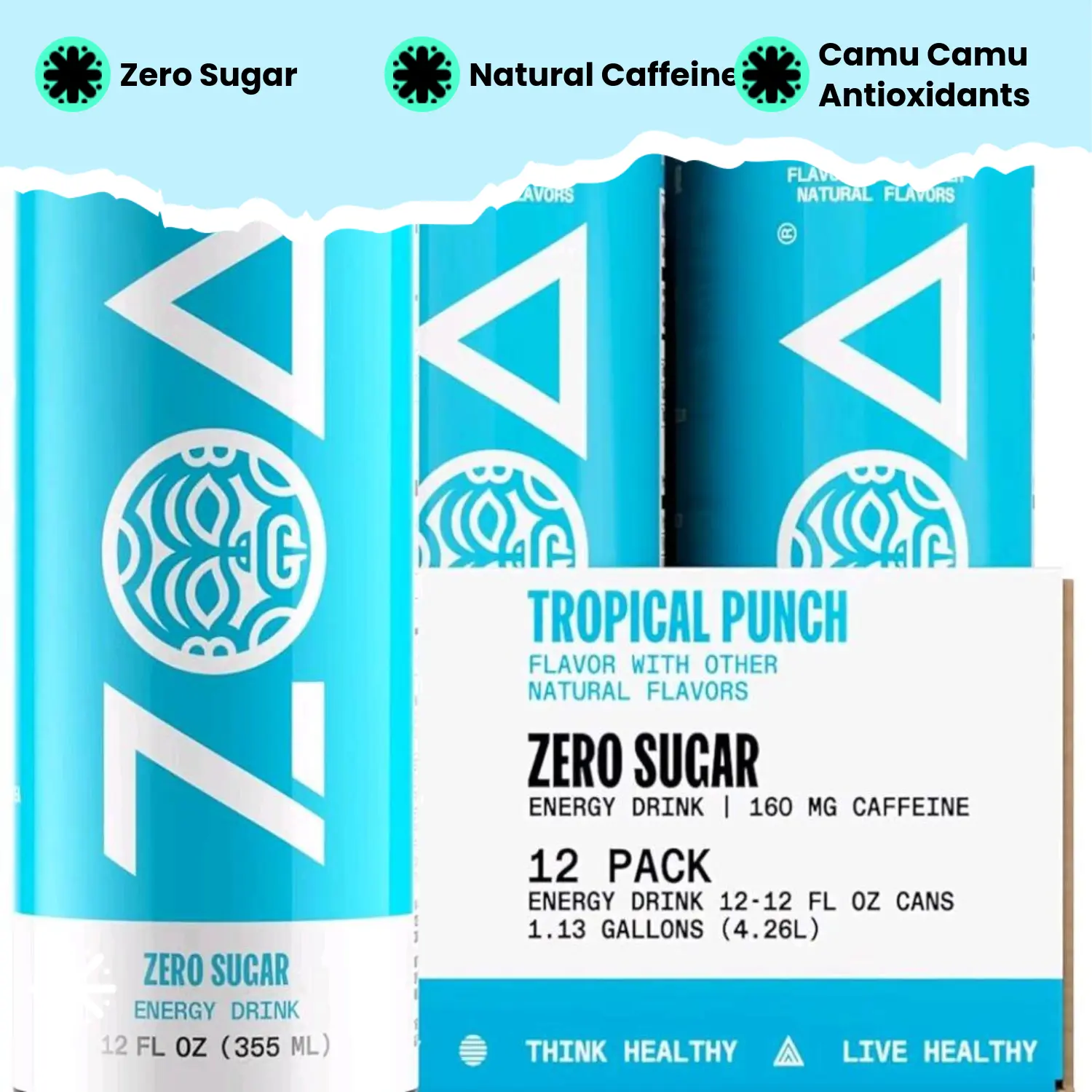 Tropical Flavor 0 Sugar Sport Energy Drink Beverage, 12-Pack 12oz Cans, B&C Vitamins, Electrolytes, Amino Acids, Camu Camu, Natural Caffeine, Stevia-Sweetened