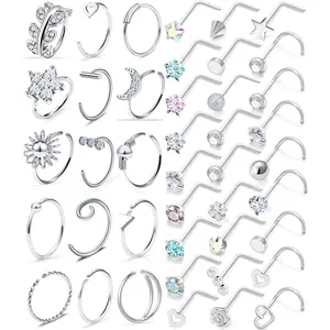 New 18G 20G Nose Rings Studs Hypoallergenic 316L Surgical Steel L Shaped Screw Nose Rings Hoops Silver Heart Star Diamond Nose Piercing Jewelry for Women Men 42pcs