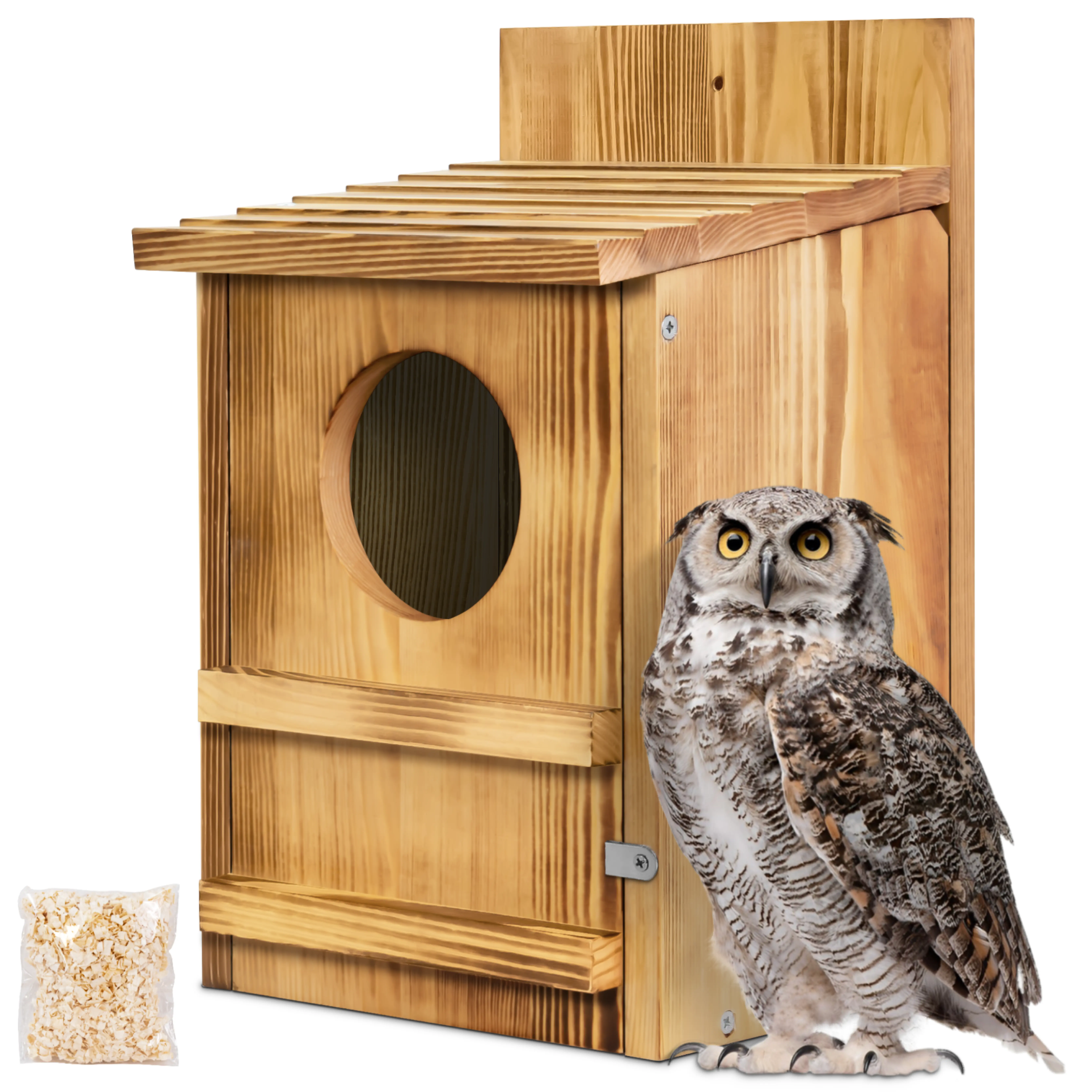 Thick Wood Screech Owl House Bird Cages, Large Handmade Outdoor Wooden Bird Box with Circular Opening, Mounting Screws, Wood Shavings, Easy Assembly (Brown, 9" x 14.5")